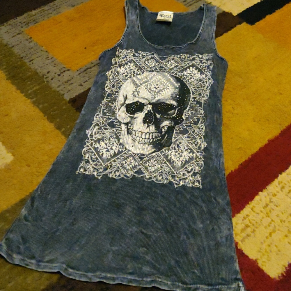 Vocal gray distressed skull bedazzled tank